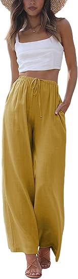 Faleave Women's Cotton Linen Summer Palazzo Pants Flowy Wide Leg Beach Trousers with Pockets