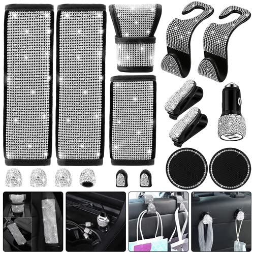 AnTom 17 Pcs Bling Car Accessories Set, car Accessories Sparkly,Bling car Seat Belt Cover, Bling car Shift Gear Cover, Bling car USB Car Charger, car Seat Headrest Hooks, Bling car Cup Holder Coaster