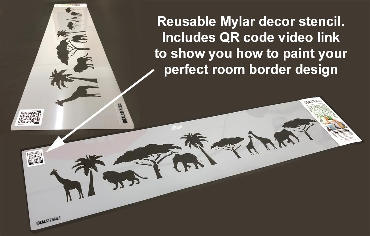 Pochoir pour bordure murale d'animaux de safari, désert africain avec arbres de style bohème pour chambre d'enfant, décoration murale, peinture sur mesure, métamorphose de chambre d'enfant (taille 15
