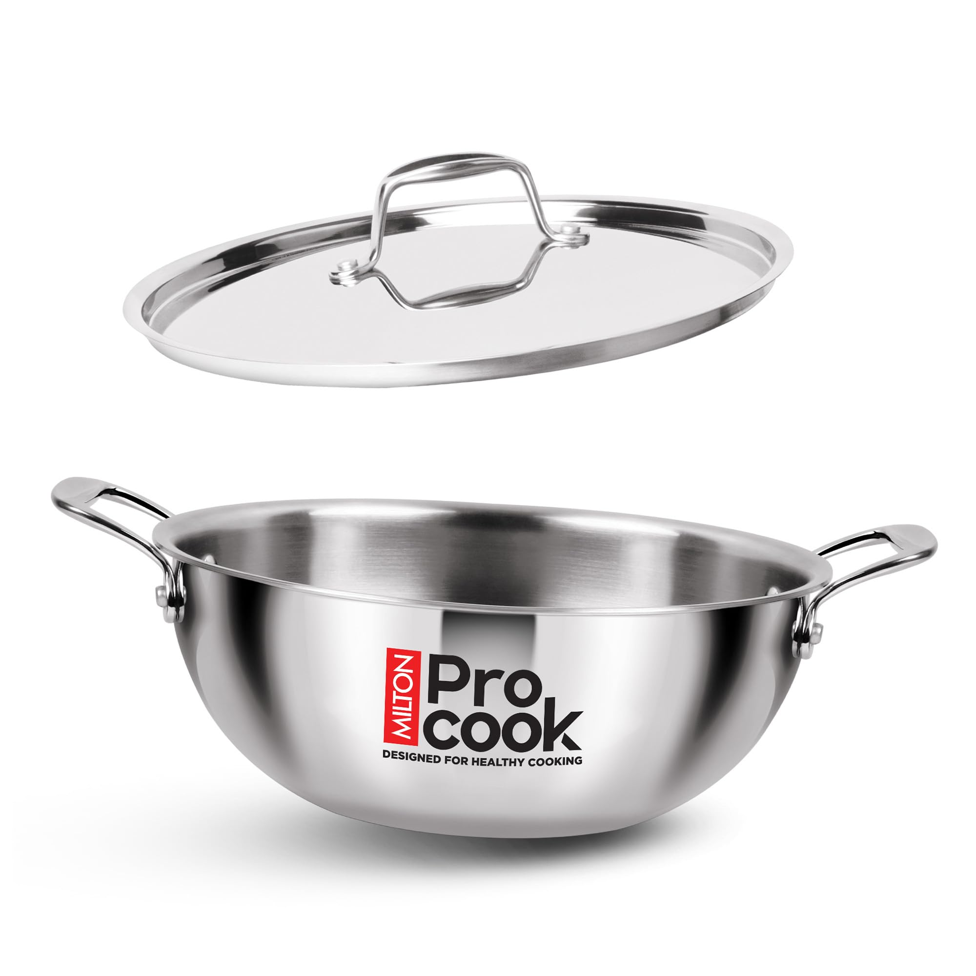 MILTON Pro Cook Induction Cookware & Gas Stove Friendly Triply Stainless Steel Kadhai with Lid 28 cm, 4.6 Litre | 3 Layer Stainless Steel Cookware Triply Kadai | Less Oil Healthy Cooking | 3Y Warranty