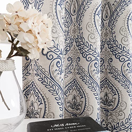 Jinchan Curtains Medallion Linen Textured Curtains For Living Room 84 Inch Length Drapes Damask Pattern Flax Draperies Window Treatments Room Darkening For Bedroom Curtain Panels 2 Panels Blue