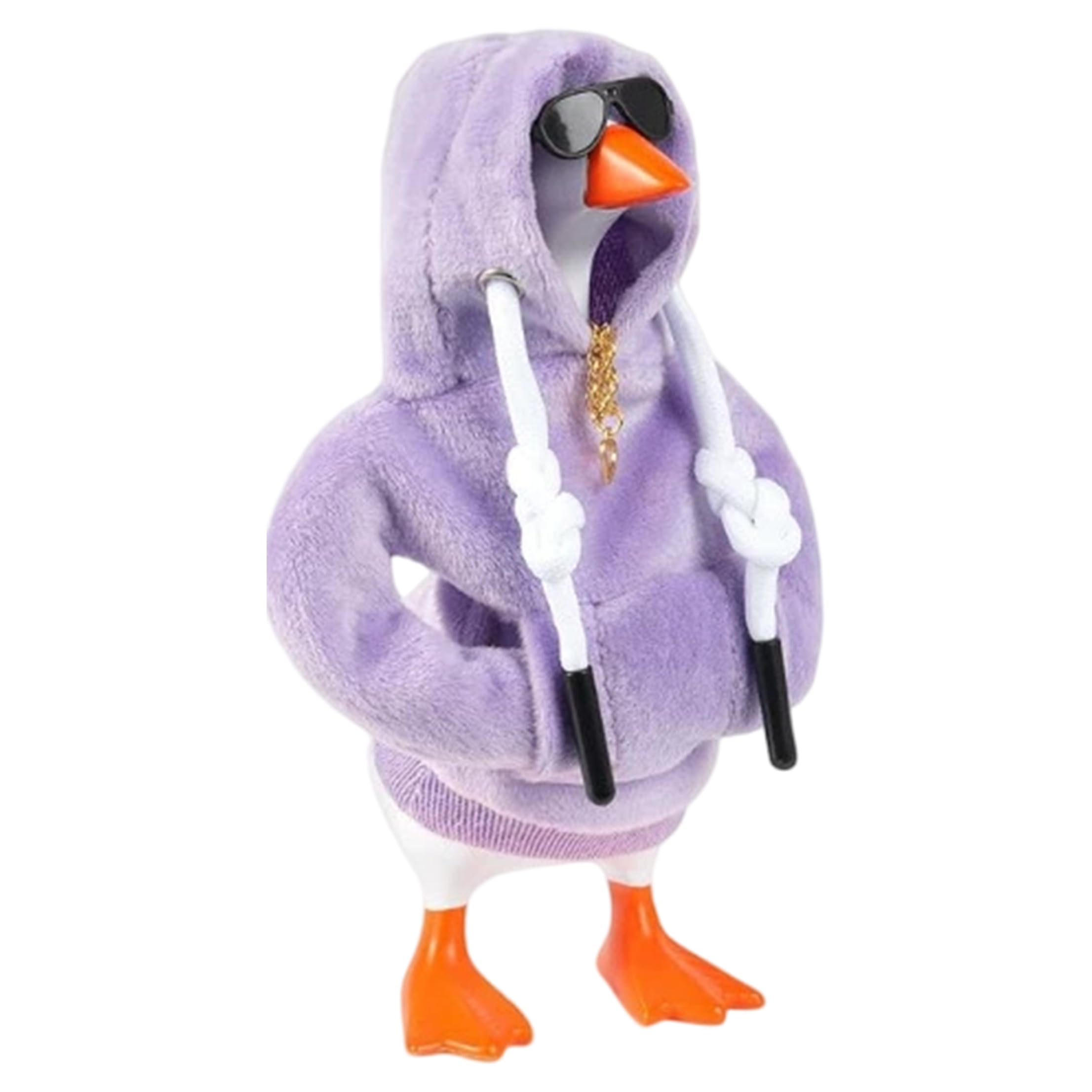 Syutokul Desk Geese with Outfits, Desktop Geese Decor Stylish Purple Hoodie Set with Sunglasses & Necklace, Small Desktop Decoration