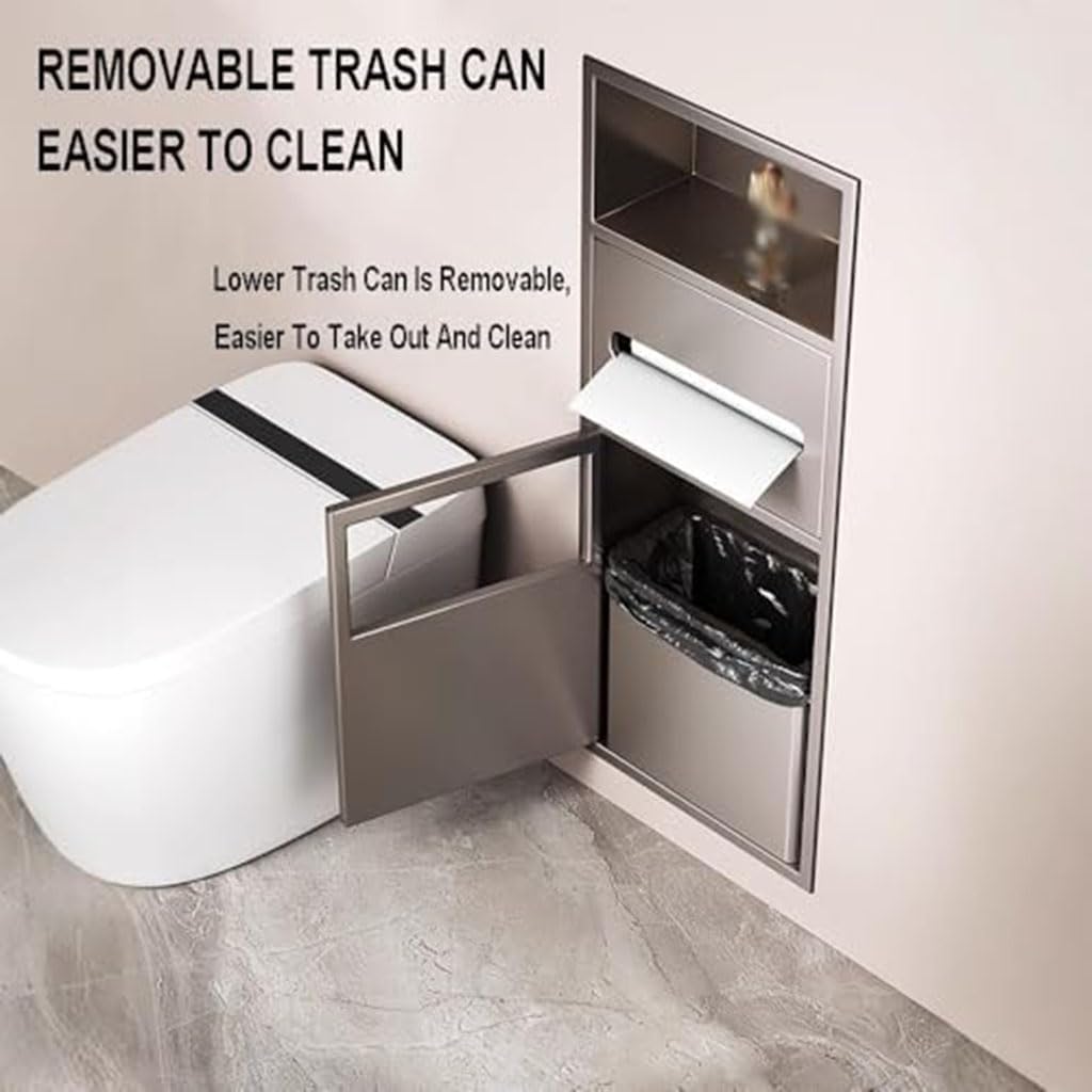 Stainless Steel Built-in Shower Niche, Decoration Storage Cabinets Caddies Toilet Paper Storage Rack, Bathroom Niche with Trash for Kitchen Living Room Bedroom Hotel, Grey 20X52X13.5cm