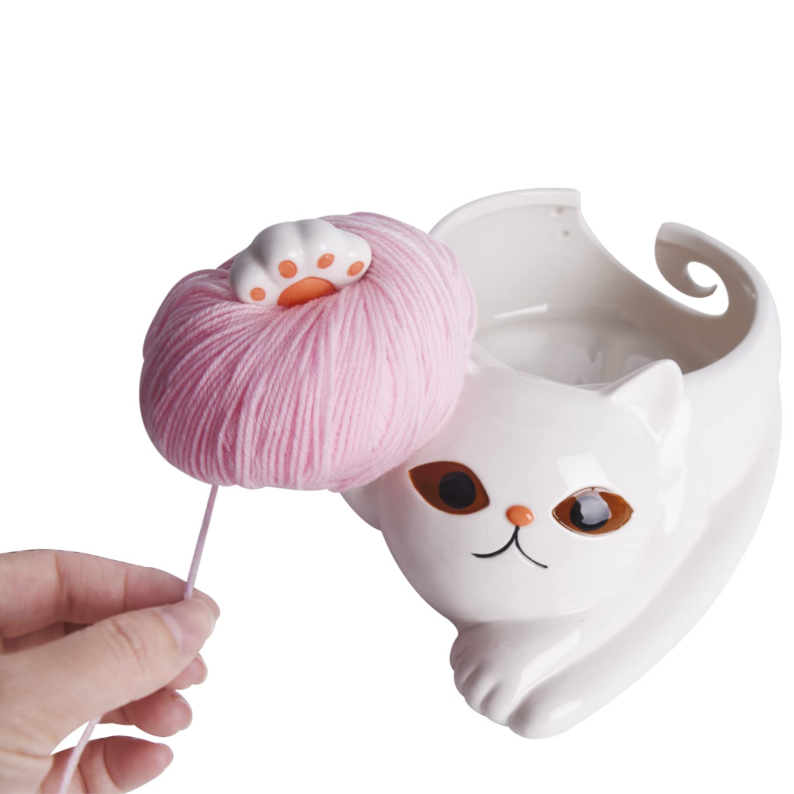 Vencer Ceramic Yarn Bowl Knitting Bowl,Craft Knitting Bowl,Handmade Ceramic Yarn Holder for Crochet and Knitting Accessories,Yarn Storage,Cat,VAY-002