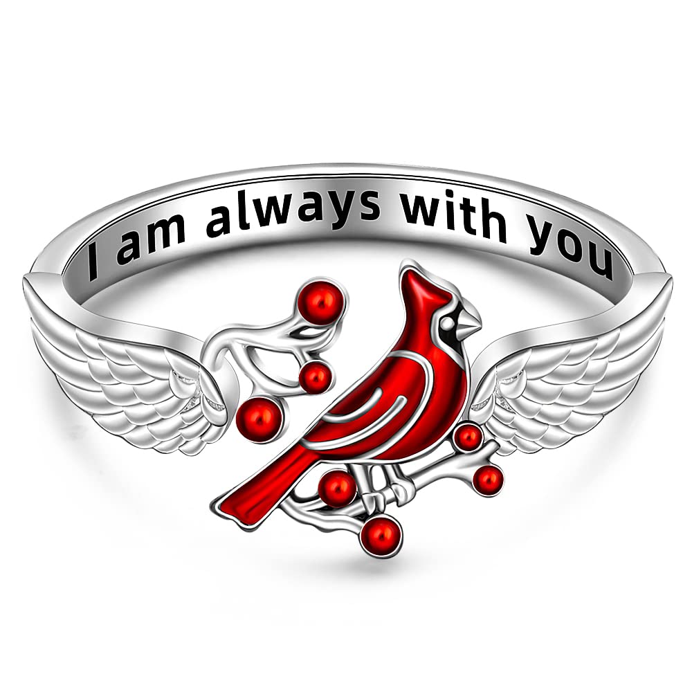 LOVGIFSETCardinal Ring for Women Sterling Silver Feather Ring Angel Wing Ring Bird Adjustable Open Memory Rings Red Cardinals Jewelry