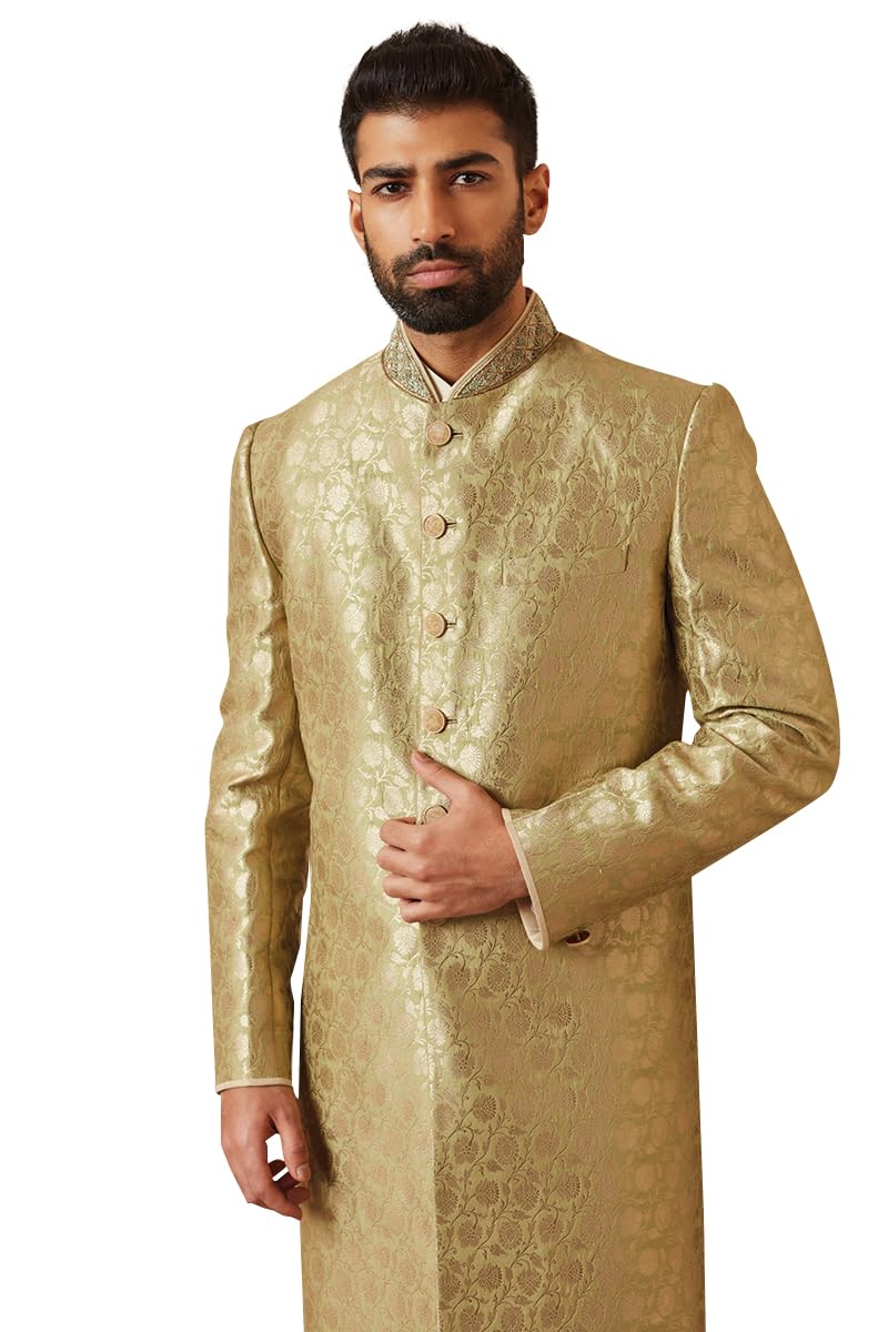Light Green Classic Achkan With Embroidered Collar For Men-image-38