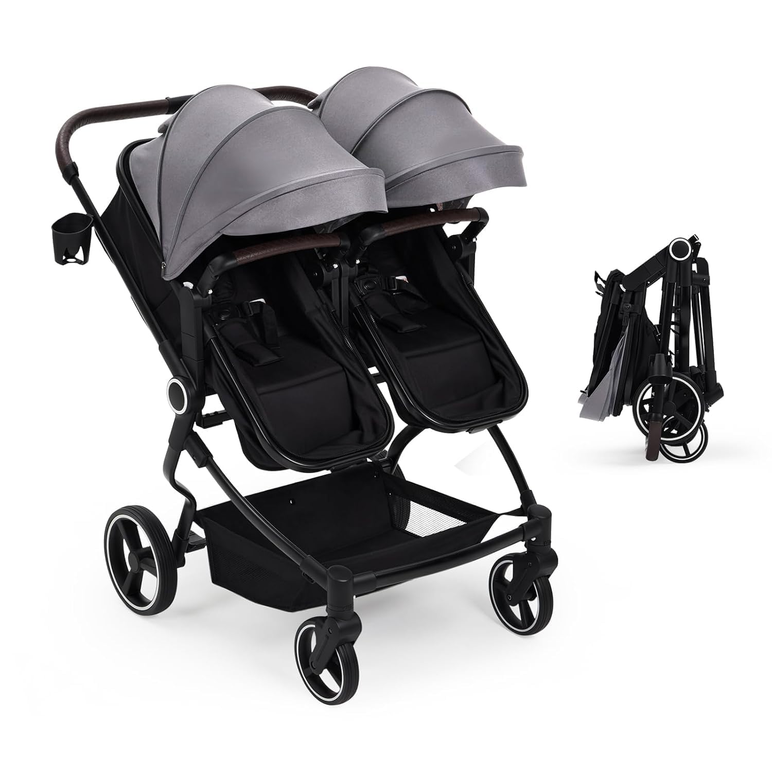 Silla Gemelar de Paseo Ligero con Asiento Reversible, Asiento Ajustable, Cochecito Bebé con Moisés y Parasol, Arnés de 5 Puntos y Freno de Pie, Plegable, Marco de Aleación de Aluminio, Máxima 30 kg