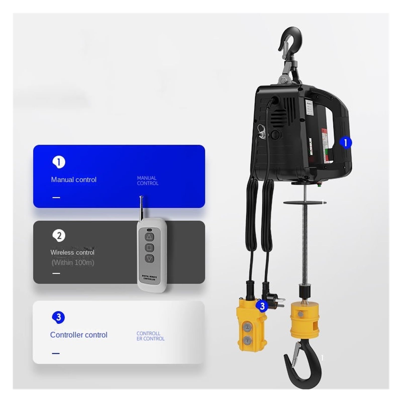 Argano Elettrico, Paranco per Gru 3 in 1 con Telecomando da 500 kg, Paranco Elettrico A Fune Metallica, Paranco con Guscio in Alluminio, Paranco per Gru per Uso Dome-Nero-300kg 11.8m