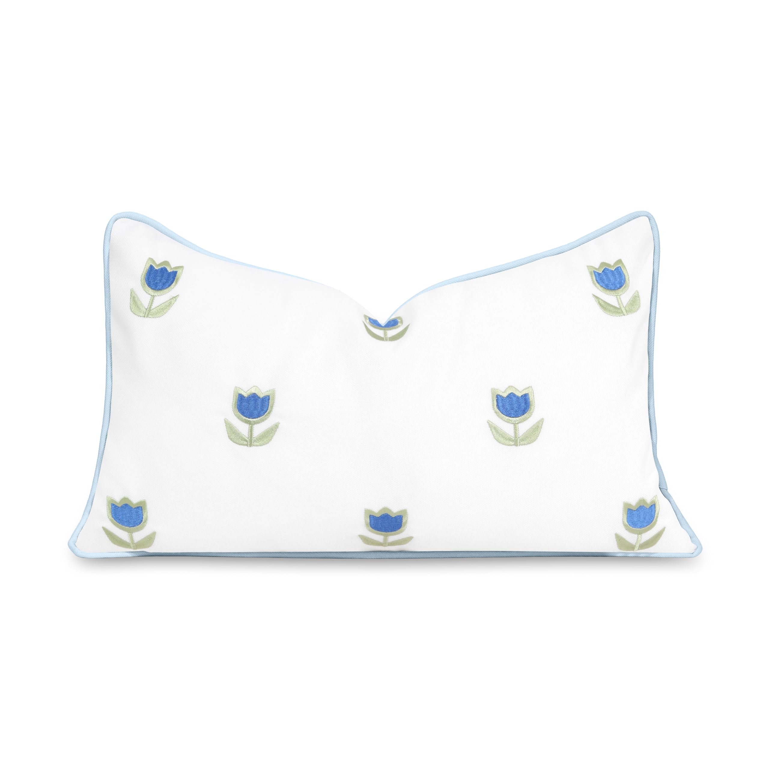 Hofdeco Premium Coastal Patio Indoor Outdoor Lumbar Pillow Cover Only, 12"x20" Water Repellent for Backyard, Couch, Baby Blue Green Embroidered Tulips