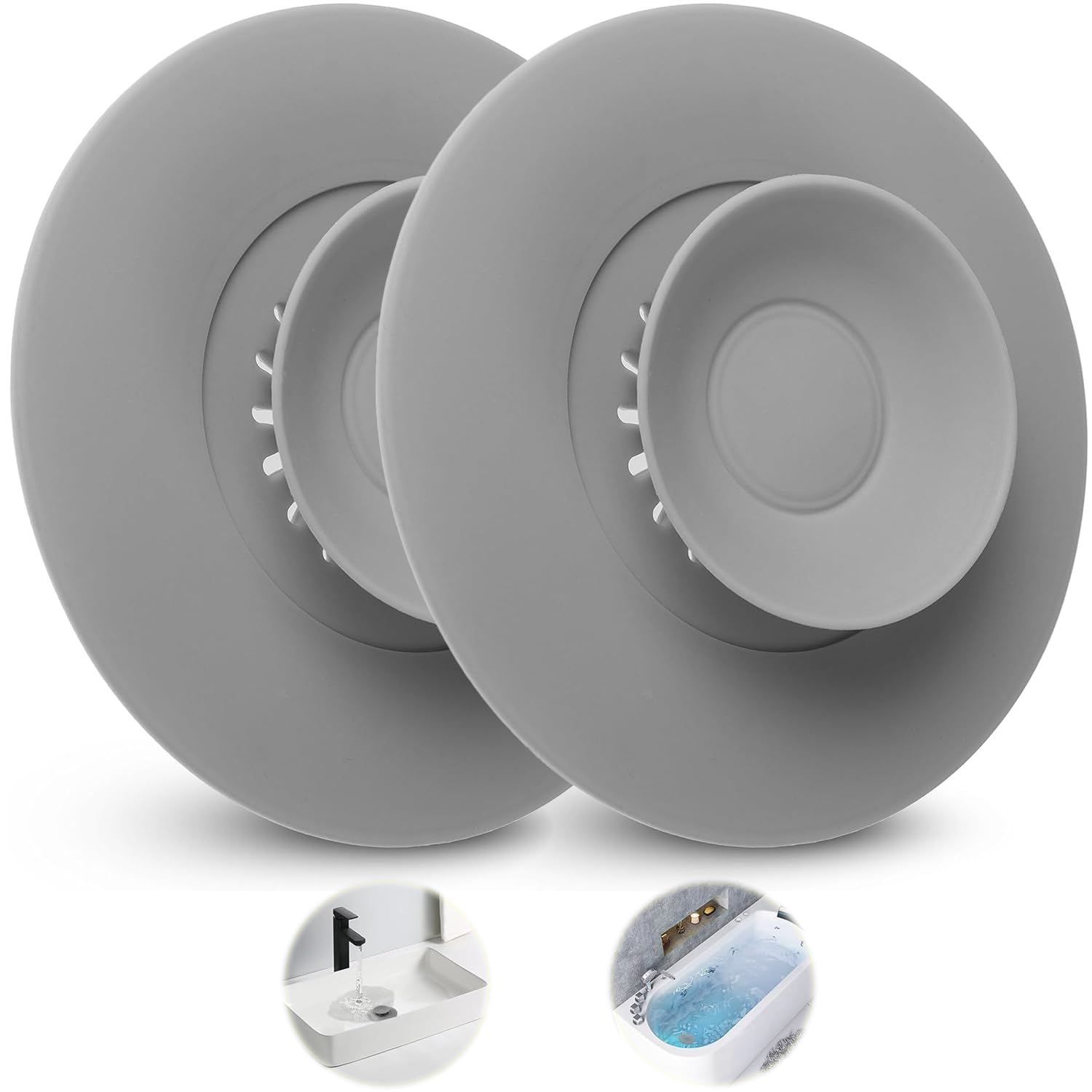 YUNYU Grey Press-Type Drain Cover with Hair Catcher & Anti-Clog Design for Bathtubs, Sinks, Kitchen Drains - 2-Pack Universal Bath Plug and Sink Plug Set for Bathroom & Kitchen Drainage