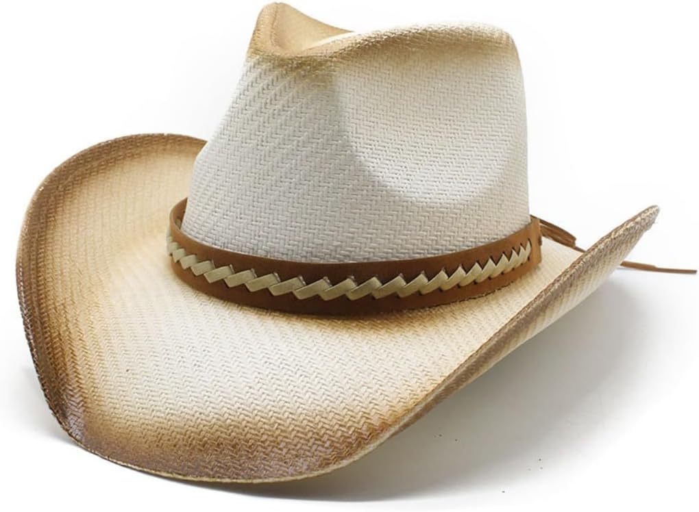 Western Cowboy Hat, Straw Woven, Brown with Braided Band, Wide Brim