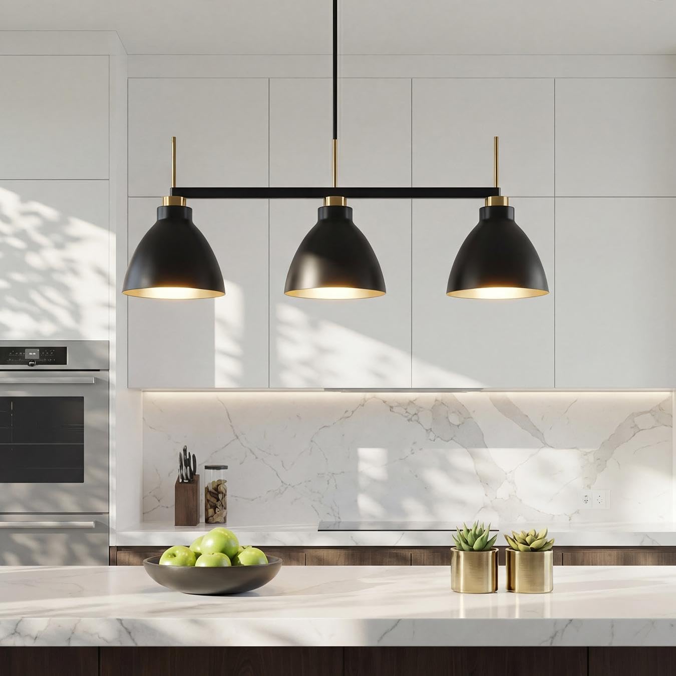 Modern Black and Gold 3-Light Linear Kitchen Island Light, Industrial Pendant Light with Adjustable Rods, Farmhouse Dome Pendant Lighting Fixture for Dining Room, Kitchen, Living Room, E26 Base