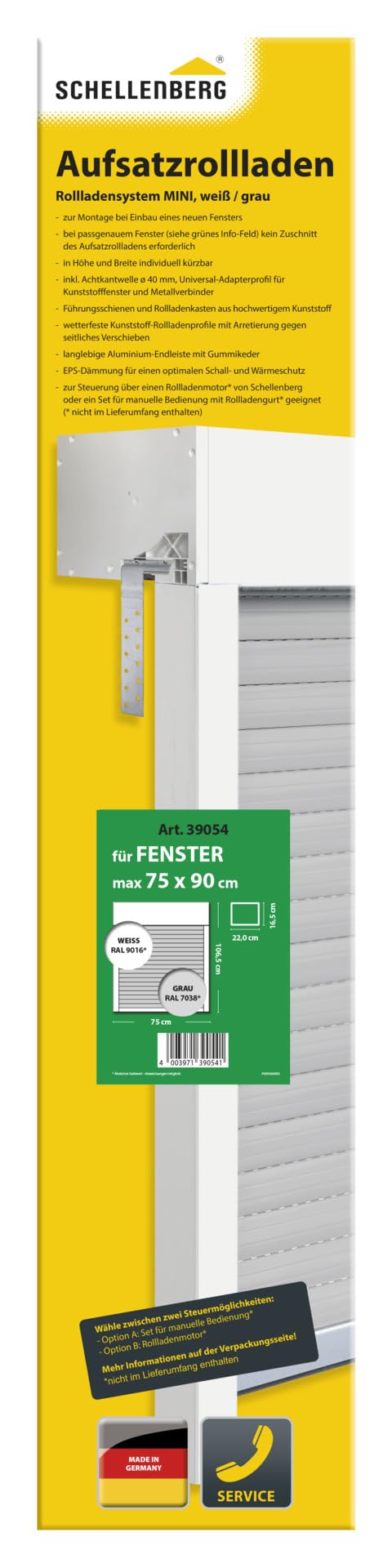 Schellenberg 39054 - Set di tapparelle a soffitto per finestre, sistema di tapparelle Mini, PVC, 75 x 90 cm, bianco/grigio, regolabile in altezza e larghezza, incl. isolamento EPS e accessori per il