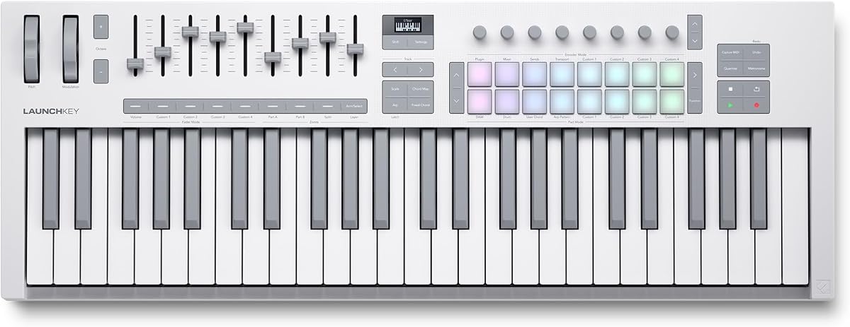 Launchkey 49 MK4 White USB MIDI Keyboard Controller | USB, 49 Semi-Weighted Keys, White, 16 Pads with Polyphonic Aftertouch, 9 Faders, Pitch/Mod Wheels, OLED Display, Scale Mode