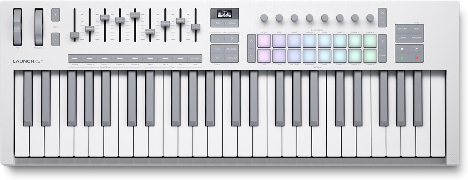 Novation Launchkey 49 White MK4 – 49 Semi-Weighted Key, USB, MIDI Keyboard Controller with DAW Integration. Chord & Scale Modes, 16 Drum Pads, Arpeggiator, & Includes Music Creation Software Bundle