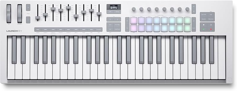 Launchkey 49 MK4 White USB MIDI Keyboard Controller | USB, 49 Semi-Weighted Keys, White, 16 Pads with Polyphonic Aftertouch, 9 Faders, Pitch/Mod Wheels, OLED Display, Scale Mode