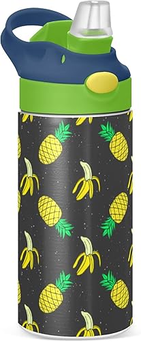 MCHIVER Bananas Pineapples - Botella de agua para niños con popote aislado de acero inoxidable, termo para niñas y niños a prueba de fugas, 12