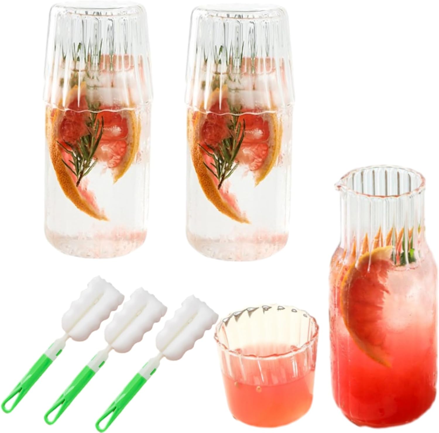 3 Packs Bedside Water Carafe with Tumbler & Cleaning Brushes, Ribbed Glass Carafe and Cup Set, 20.3oz Clear Glass Pitcher with Matching Cup for Juice, Water, Ideal for Home, Bar & Gifts
