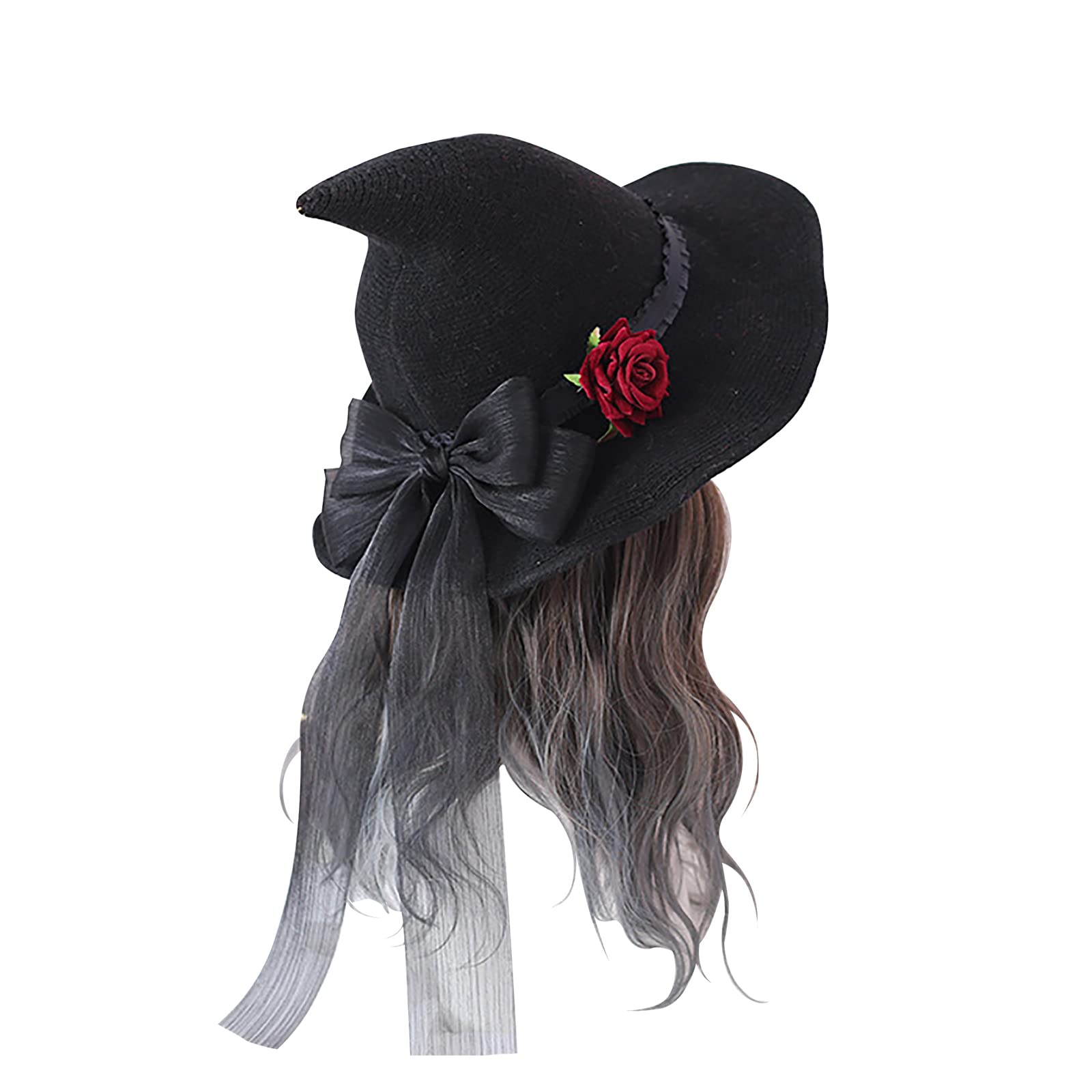 TINAYAUE Dark Novel Gothic Black Knitted Witch Hat with Rose Flower Bowknot for Women Girls Wide Brim Pointed Modern Wizard Cap Halloween Cosplay Carnival Fancy Dress Party Christmas Costume Headgear