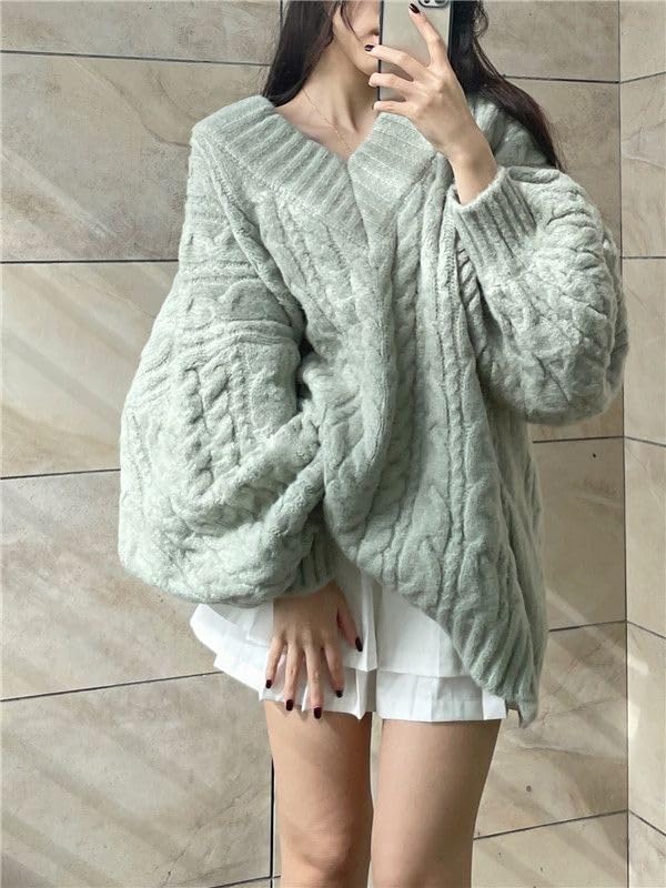 Image of Women's Y2K Oversized Chunky Cable Knit Sweater Casual Long Sleeves V Neck Pullover Tops