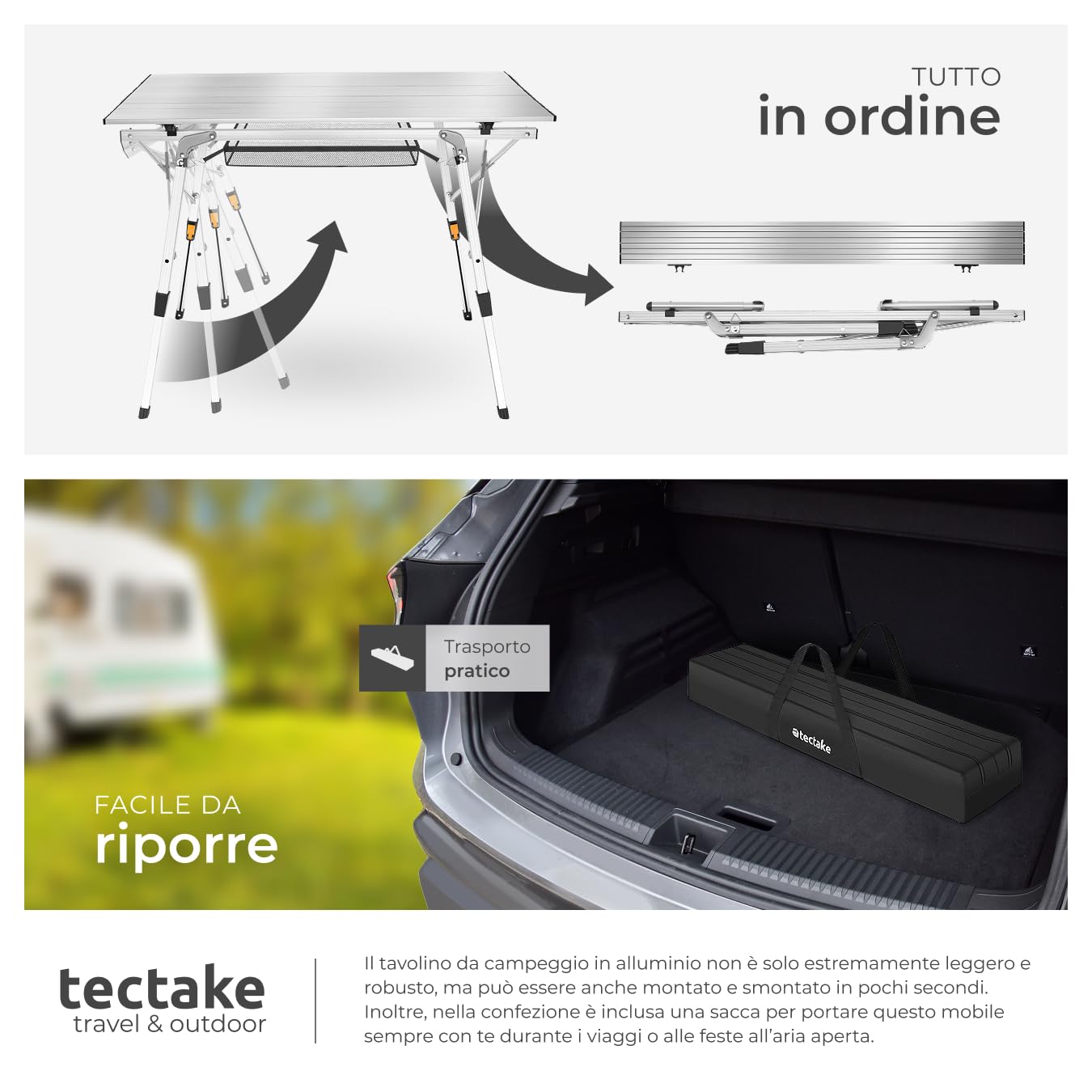tectake® Tavolo da Campeggio in Alluminio Pieghevole Tina, Regolabile in Altezza, Cappucci in Plastica Antigraffio, Tavolo, Alluminio, Tavolo da Esterno, Campeggio - Argento