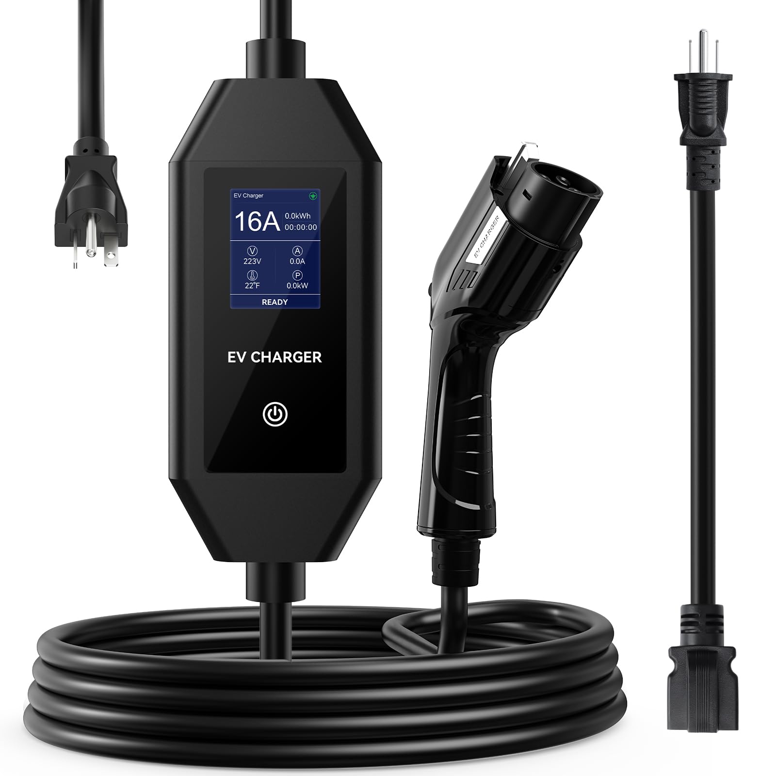 Level 1/2 Portable EV Charger, J1772 Charger Compatible with All EVs, 16 Amp 110V-240V, 25ft Cable, NEMA 6-20 Plug & NEMA 5-15 Adapter