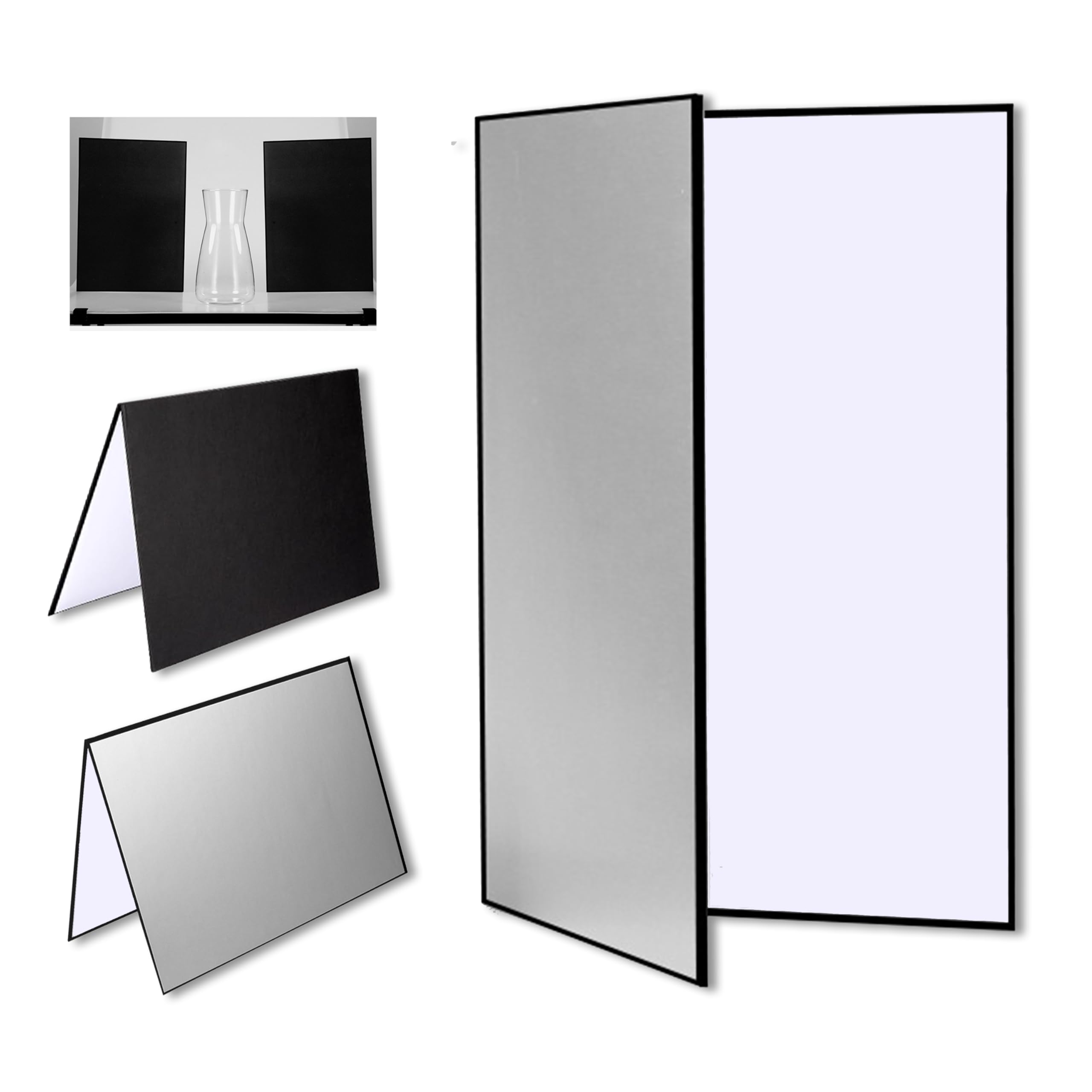 Refleksyjny arkusz 3 w 1 - 60 x 42 cm - Format A3 - Do zdjęć produktów, biżuterii, martwej natury (A3 biały/srebrny/czarny)