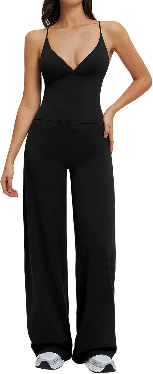 Womens Workout Jumpsuit Yoga One Piece Wide Leg Romper Backless V Neck Strappy Athletic Fitness Outfit