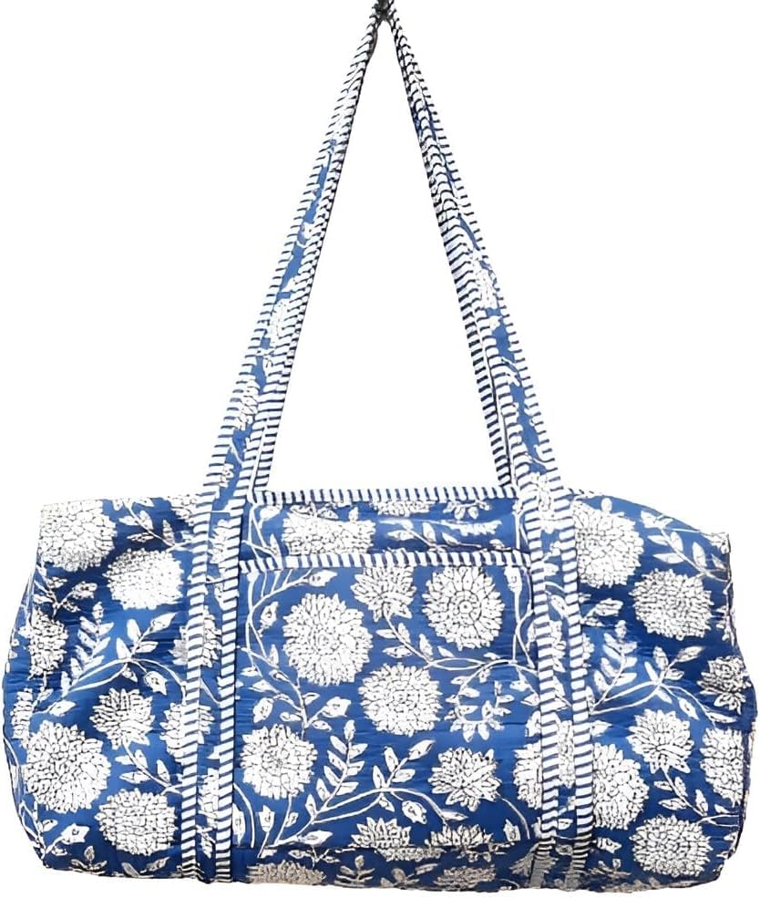 Indian Cotton Floral Printed Quilted Duffle Bag Large Size Beautiful Block Print Weekender Bags Handmade Shoulder Travel Overnight Bag (20x10x10)