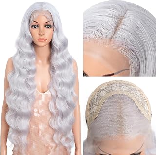 Style Icon 32” Free Part 13x4 Lace Wig Silver Grey Color Long Wavy Synthetic Lace Front Wig With Baby Hair(32 Inches, THISTLE)