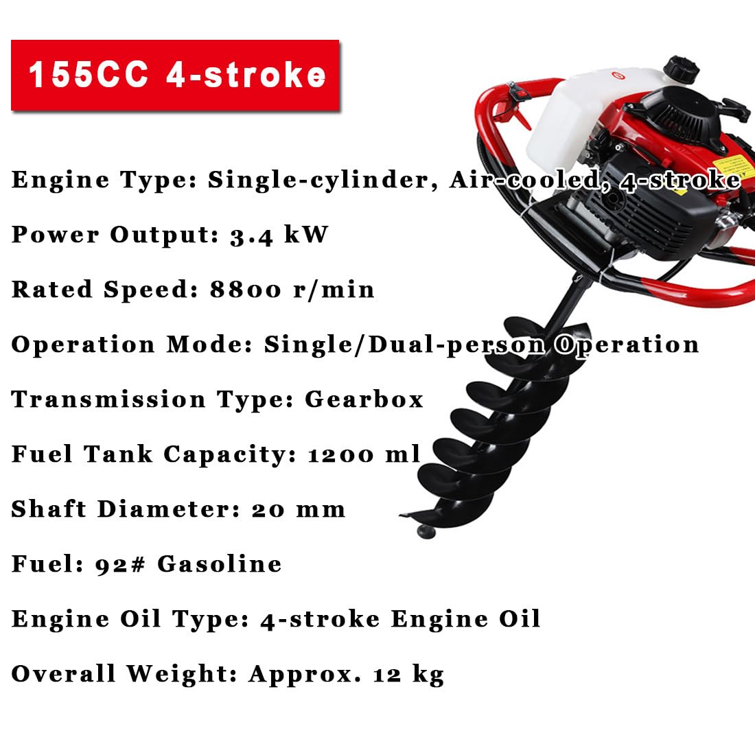 Wiertnica do otworów na słupki o pojemności 150 cc, z silnikiem czterosuwowym, spalinowym, moc 3,4 kW, prędkość 8800 obr./min, różne rozmiary wierteł: 4/6/8/12/15/20/25/30 cm 8cm