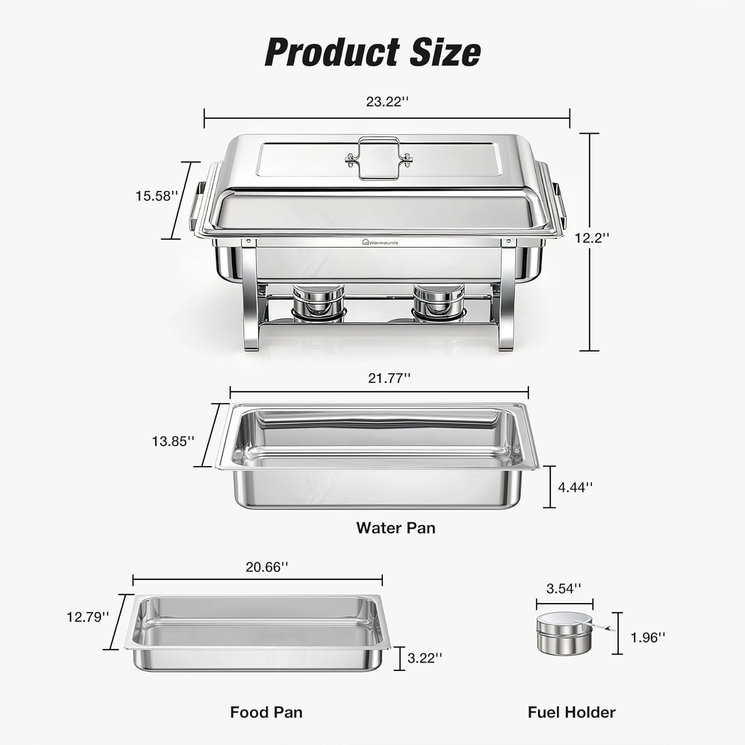 WARMOUNTS Chafing Dishes for Buffet with Full Size Pan 4 Pack, Stackable Stainless Steel Chafing Dish Buffet Set Food Warmer for Catering, Parties, Weddings, Rolled Rim Process (Silver, 11QT)
