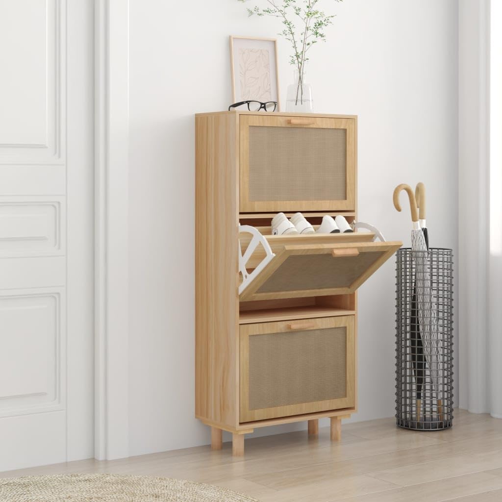 Zapatero Madera contrachapada marrón ratán Natural 52x25x115 cm, Mueble Zapatero Estrecho, Organizador Zapatos Armario