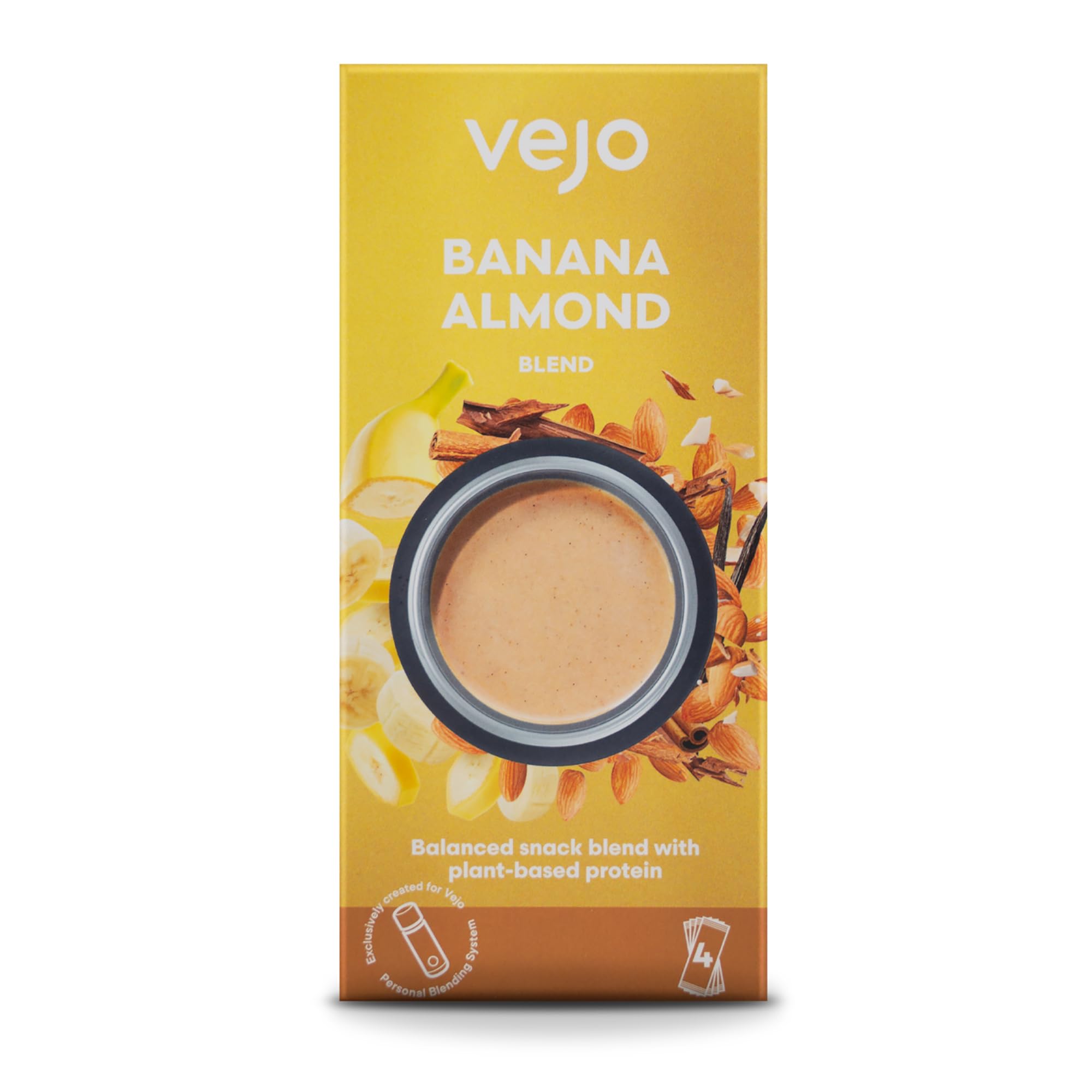Vejo Powdered Beverage Mix | Exlusively Created for Vejo Blend System | 0.84 Ounce Packets | Banana Almond | 4 Count (Pack of 1)