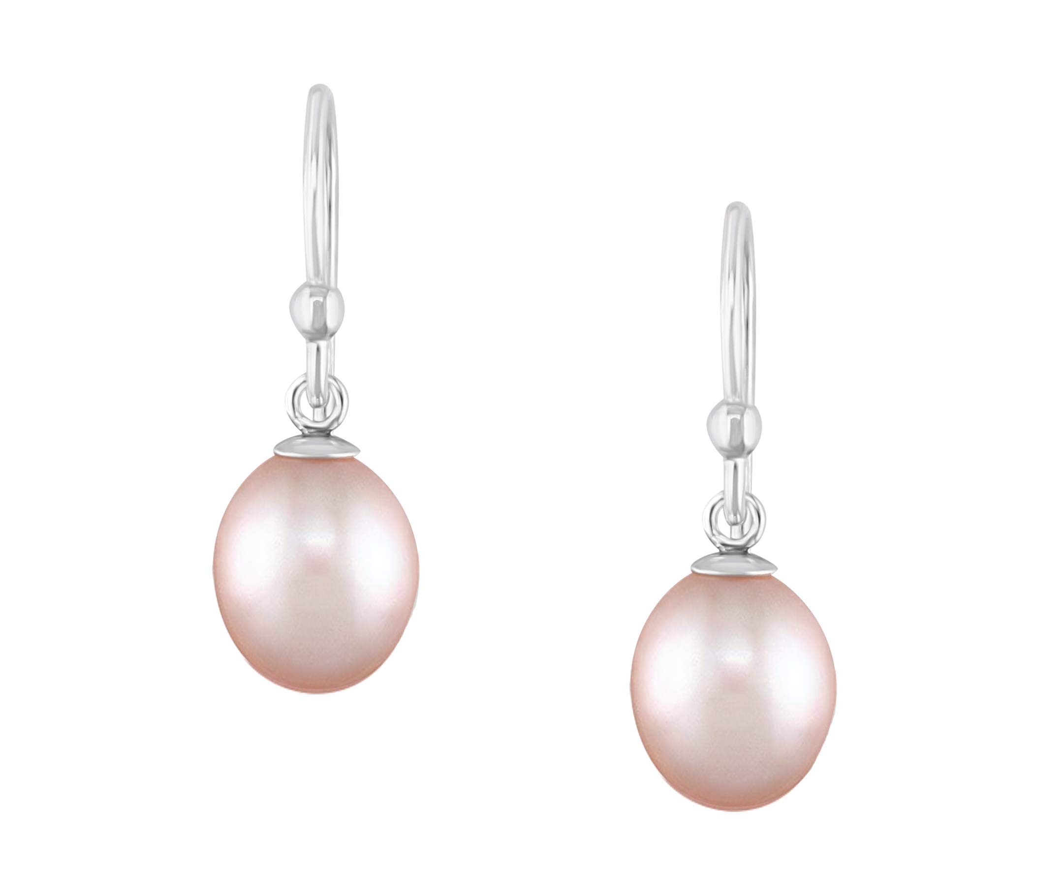 .925 Sterling Silver AAA Natural Pink Teardrop Shaped Freshwater Cultured Pearl French Wire Dangling Drop Earrings