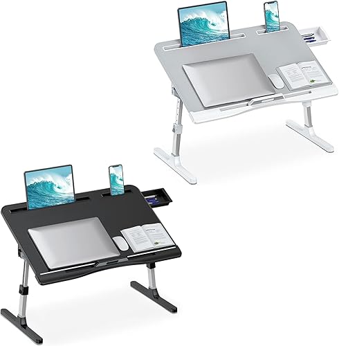 Escritorio de cama para laptop, escritorio ajustable para laptop con patas plegables, cajón de almacenamiento, ranura para tableta, tapón extraíble,