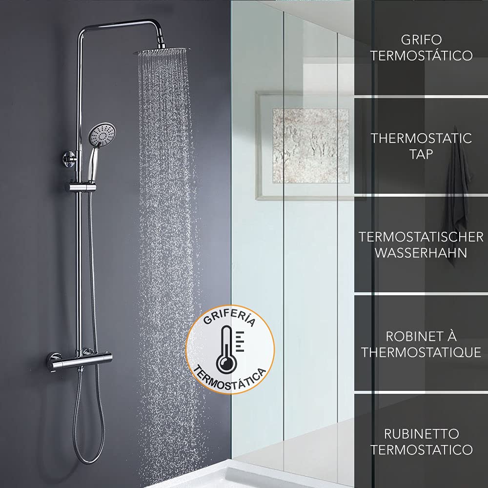 Columna de ducha termostática extralarga ROU Round, con tubo extensible de 100 a 150 cm. Rociador extraplano de 20cm y ducha de mano de hidromasaje redondos. Recambios garantizados