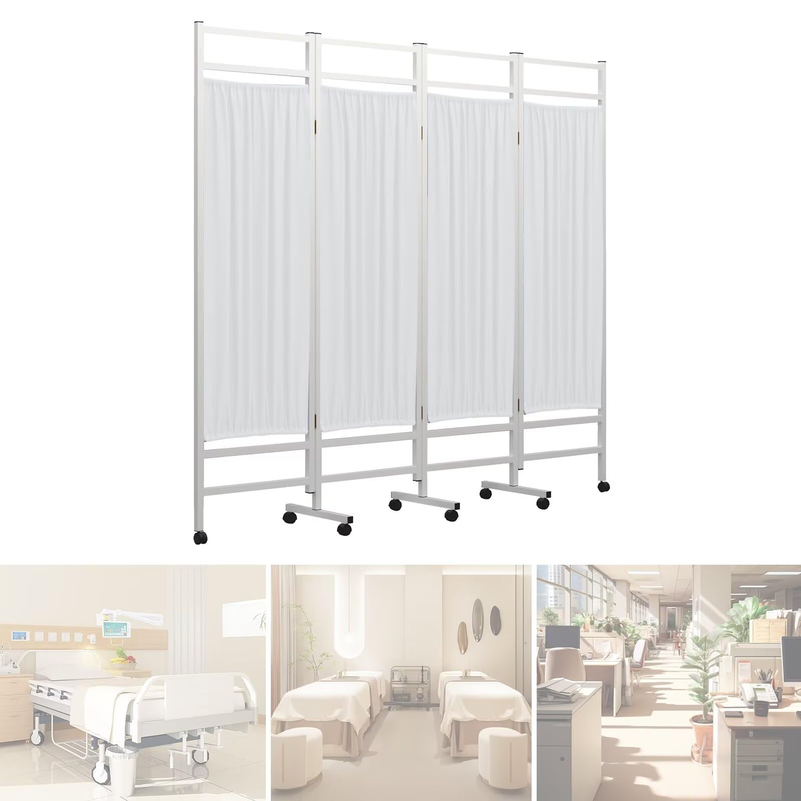 Medical Room Divider with Foldable Panels, Mobile Medical Privacy Screen with Steel Frame, partition Room dividers for Hospital, Nursing Privacy Screen, no Odor Fabric (White 4 Panels)