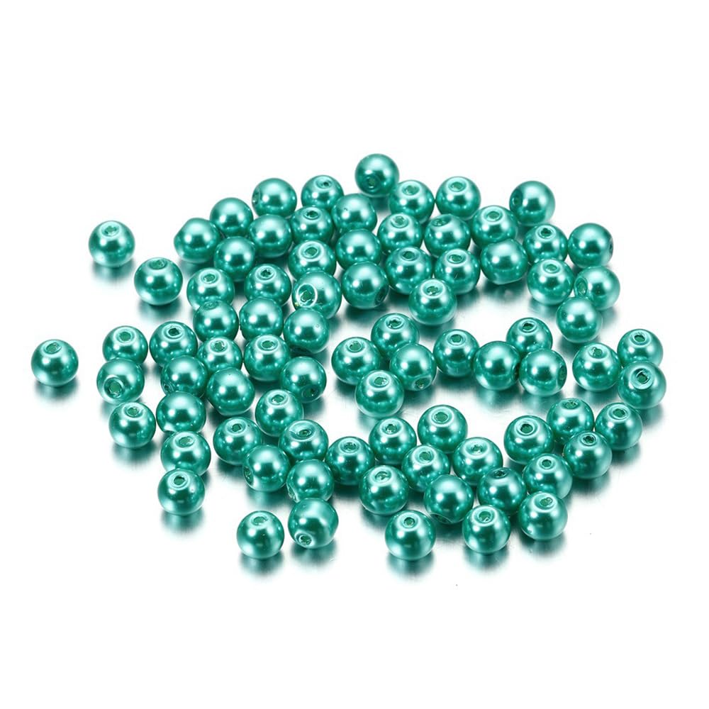 Leliafleury 100Pcs Round Glass Pearl Beads 8mm Imitation Pearl Loose Spacer Bead for Beading DIY Crafts, Turquoise