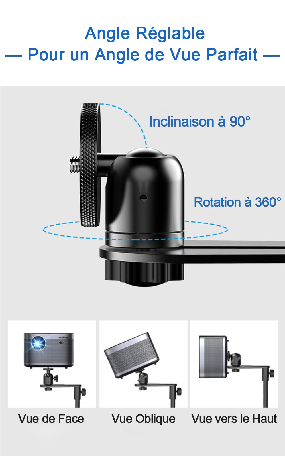 Support de Projecteur en Métal 360° Pivotant et Hauteur Réglable Base en L Discrète Compatible avec XGIMI Nebula VANKYO Jinhoo AuKing