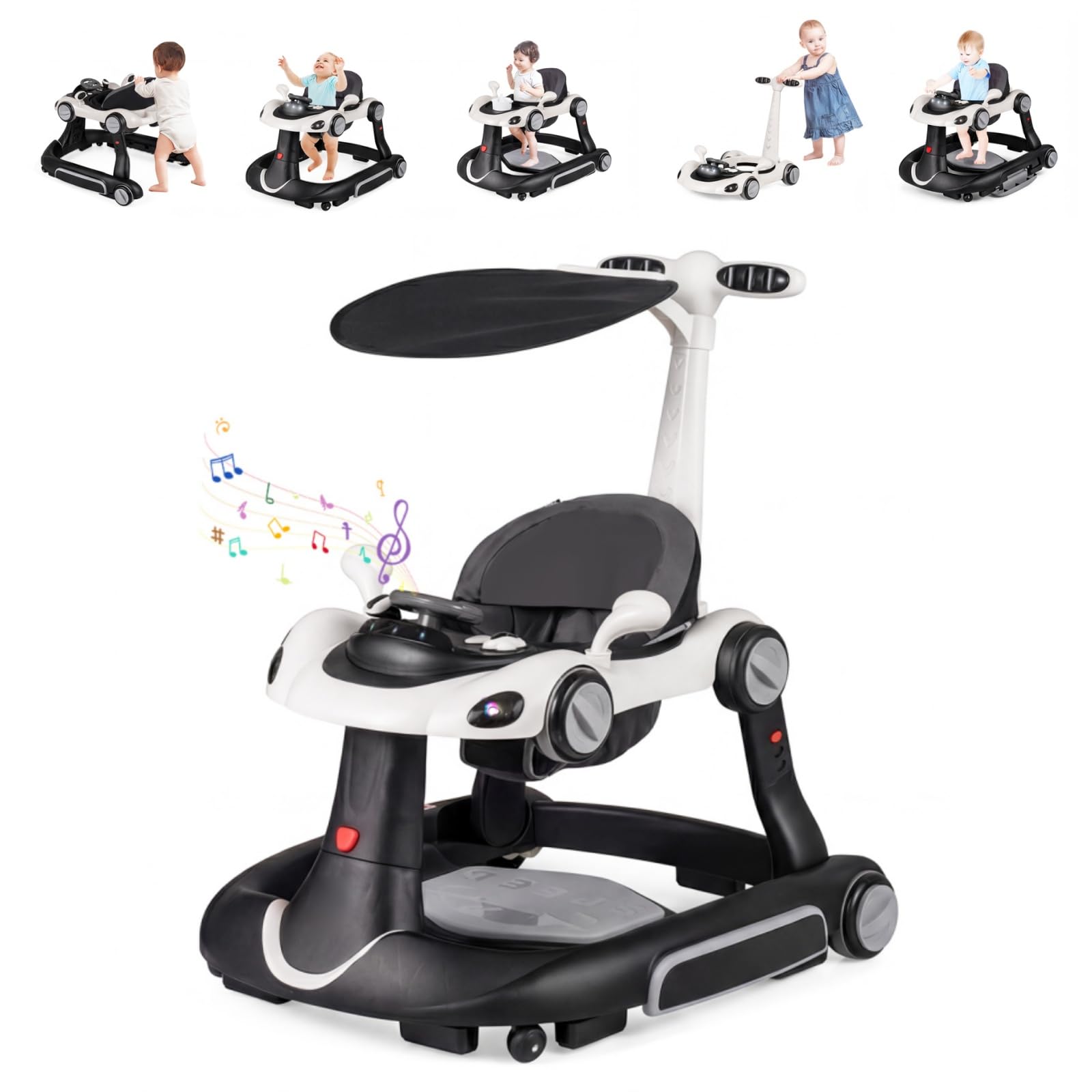 LIFEZEAL Trotteur avec Parasol pour Bébé, Trotteur 6-en-1 avec Lumières, Musique, Centre de Jeux et Plateau, Chariot de Marche à Hauteur et Vitesse Réglables pour Bébé 7 à 18 mois (Noir)