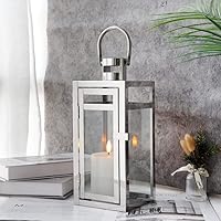 TRIROCKS Silver Stainless Steel Hanging Lantern 12" - Clear Glass Panels for Indoor Outdoor Home Decor, Tabletop Parties & Events