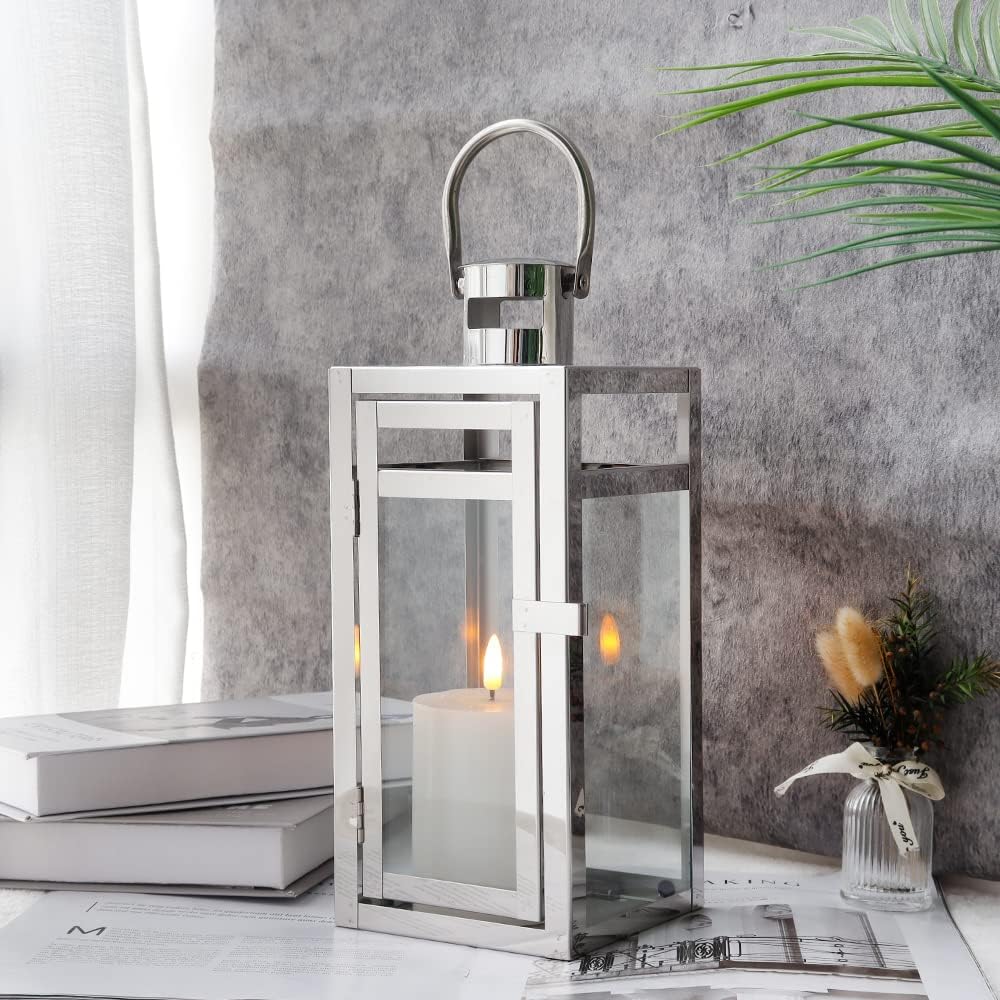TRIROCKS Stainless Steel Decorative Lantern 12'' High Metal Hanging Lantern with Clear Glass Panels Perfect for Home Decor Living Room Parties Events Tabletop Indoors Outdoors (Sliver)