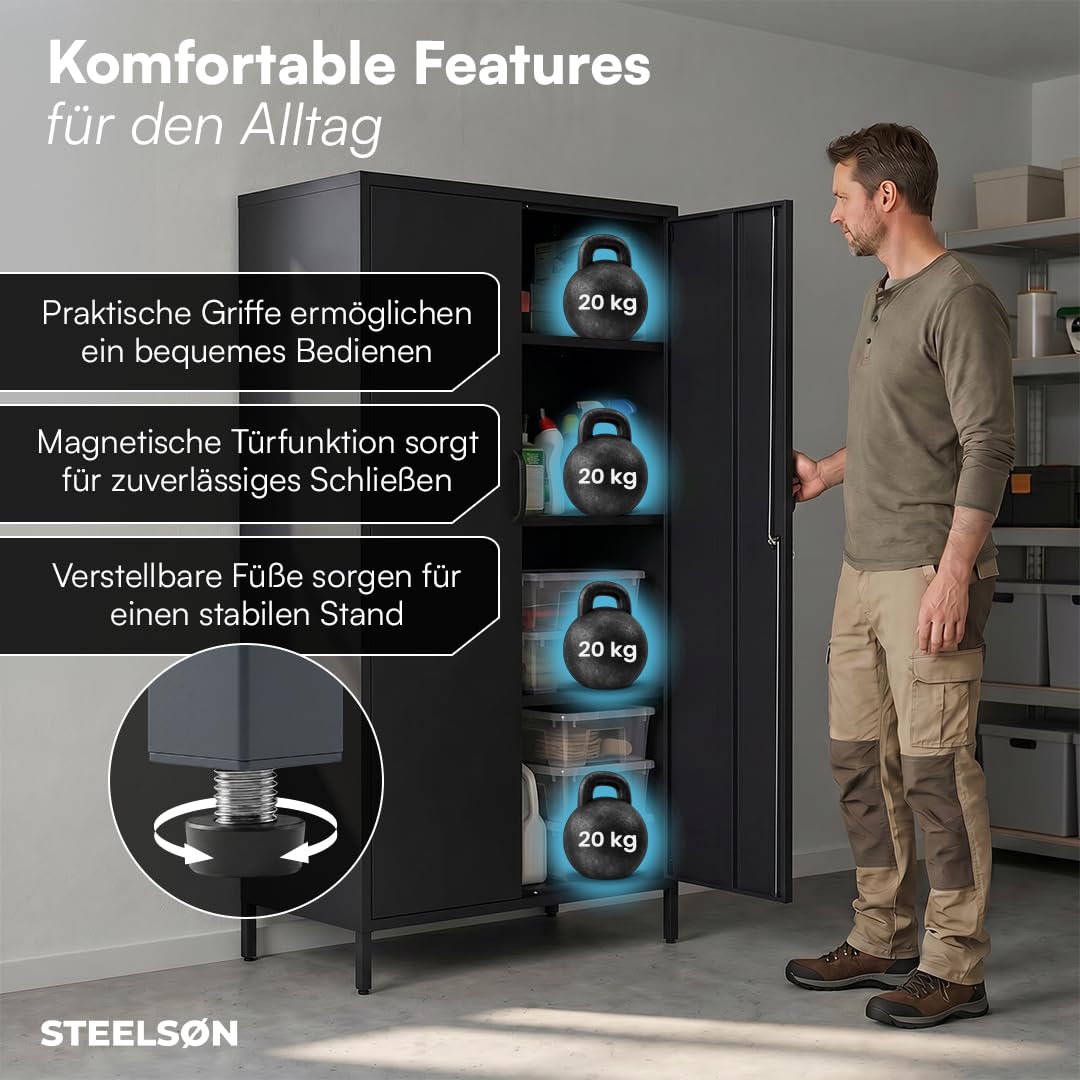 STEELSØN Menkent Outdoor Schrank aus Metall 170x80x45 cm wetterfest Doppeltür Schloss 8 verstellbare Fächer anthrazit
