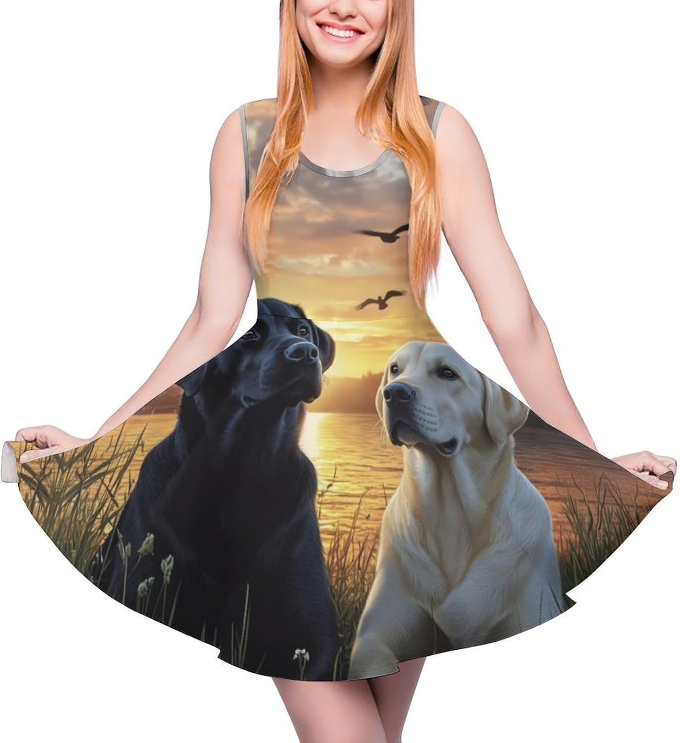 Labrador Love Couple Women's Dresses Round Neck Dress Sleeveless Tank Dress Ruffle Hem Sundress