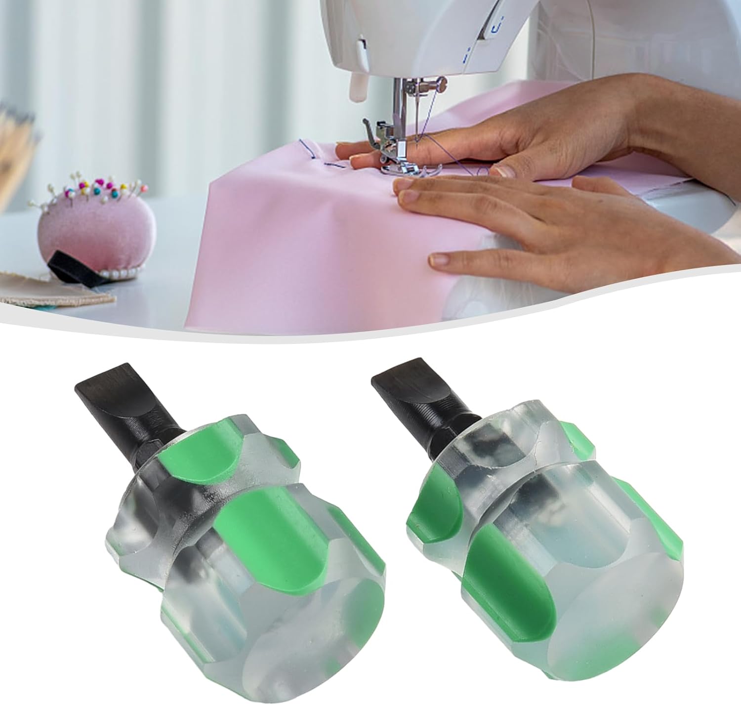 Mini Screwdriver Set for Sewing Machines – 2-Piece Short-Handle Precision Screwdrivers with PVC Handles, Chrome Vanadium Steel Tips, Flathead (Green) & Phillips (Red), Compact for Tight Spaces