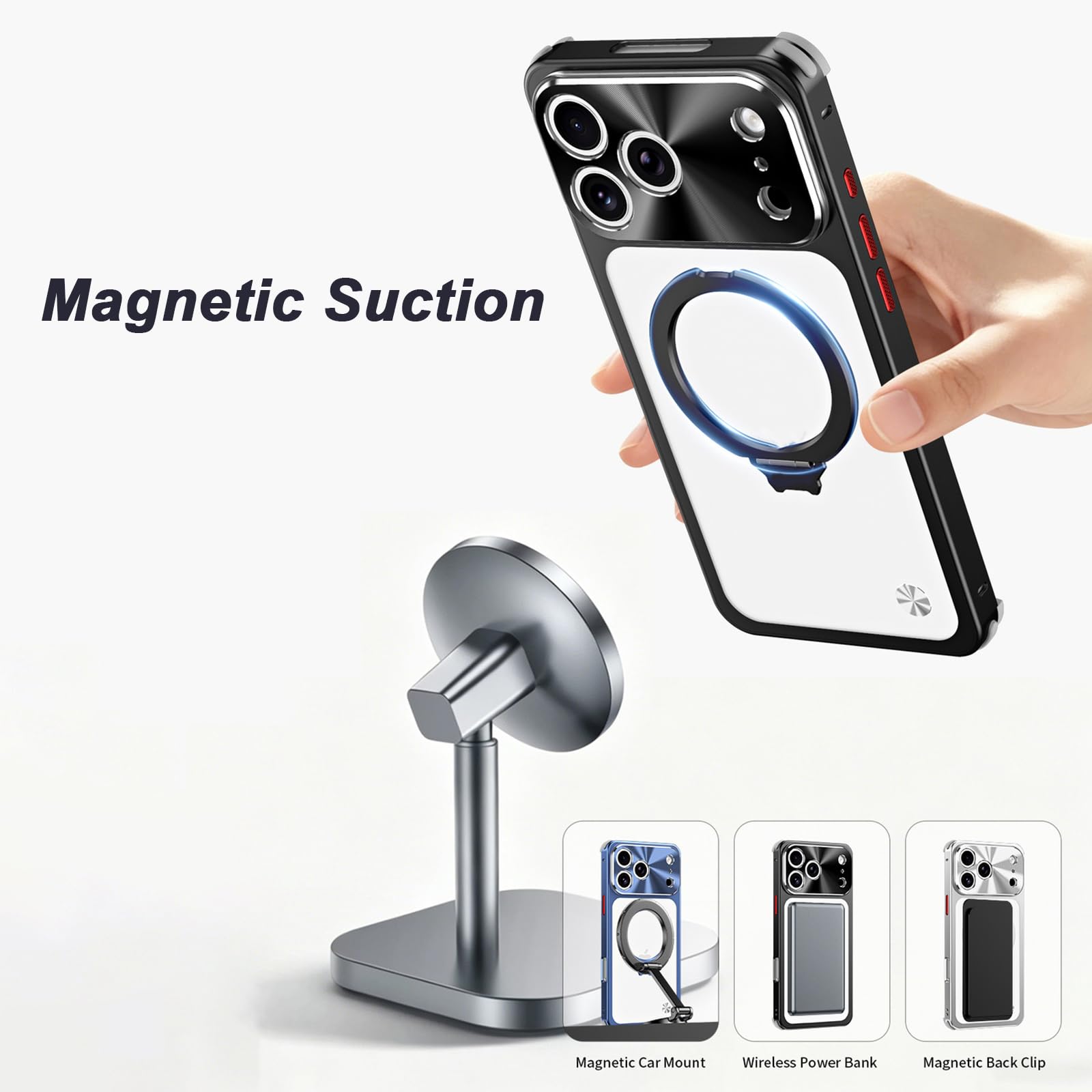 Magnetische Hülle für iPhone 17 Pro Max/17 Pro, Dünne Aluminiumlegierung Rahmen Metall Schutzhülle mit Drehbar Ständer Handyhülle,Schwarz,17 Pro