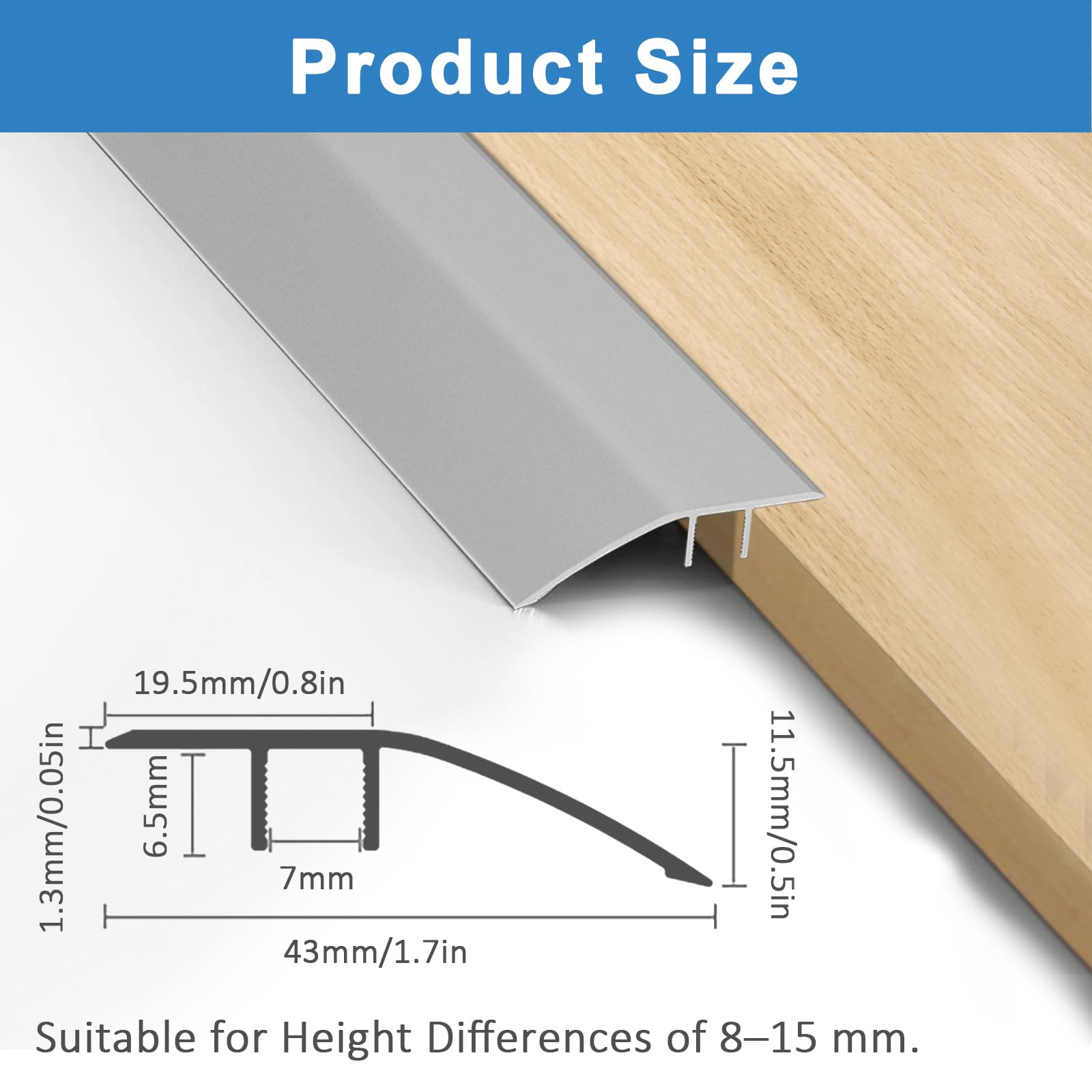 Aluminiowa rampa progowa – 0,9 m x 43 mm – samoprzylepna, profil przejściowy, wyrównanie wysokości 8-40 mm, listwa progowa drzwi, listwa przejściowa do progów otwierania drzwi, ramp, drewna, laminatu