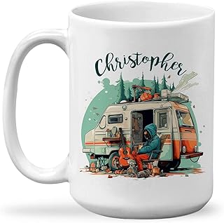 Customized Camping Coffee Mug With Name, A Man Sit Next Van Camping Mug Gift For Camping Lover, Personalized Mug For Camping Friends, Unique Mug Gift For Outdoor Lovers, White Ceramic Mug