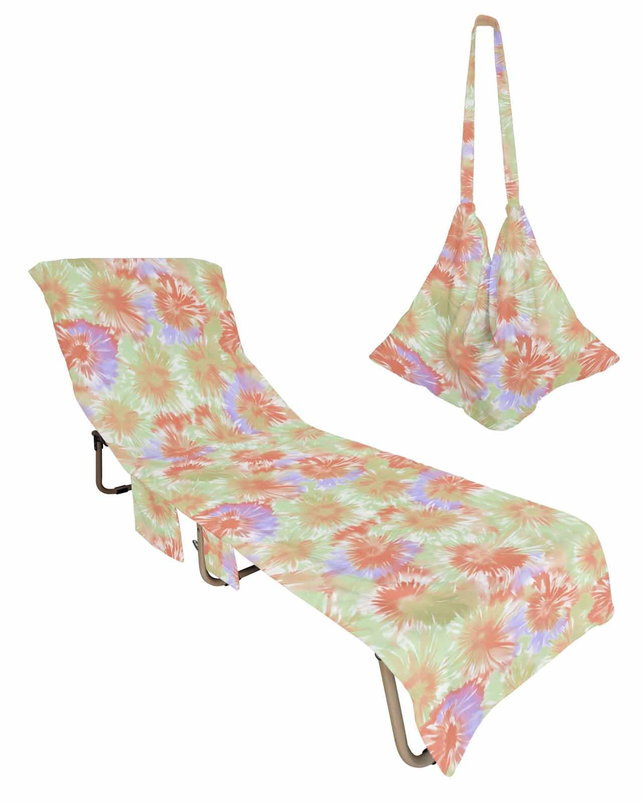 Orange Tie Dyeing Beach Chair Towel Covers for Chaise Lounge with Side Pocket, Soft Plush Pool Towels Cover for Patio Sunbathing Outdoor Stained Green Colorful Rainbow Boho 29''x85''